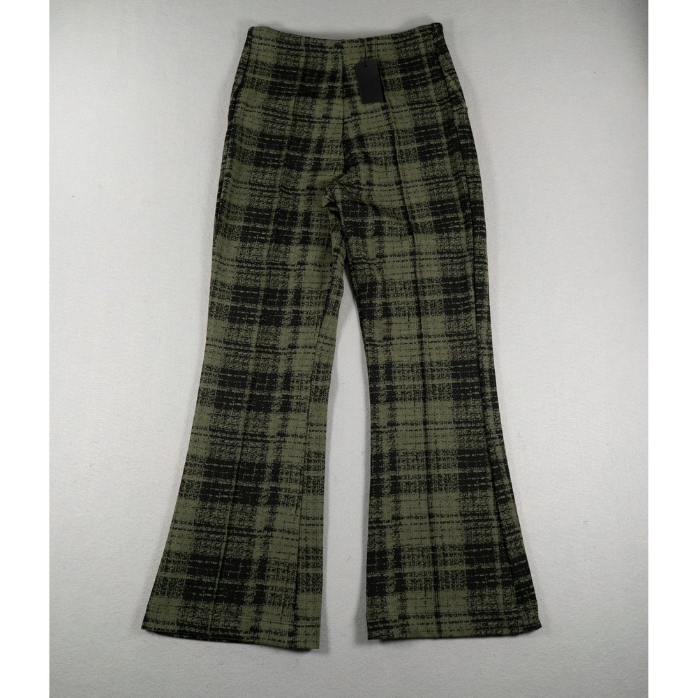 ONA NWT Womens Flare Leg Pants High Waisted Grid Plaid Olive Green Black Size S